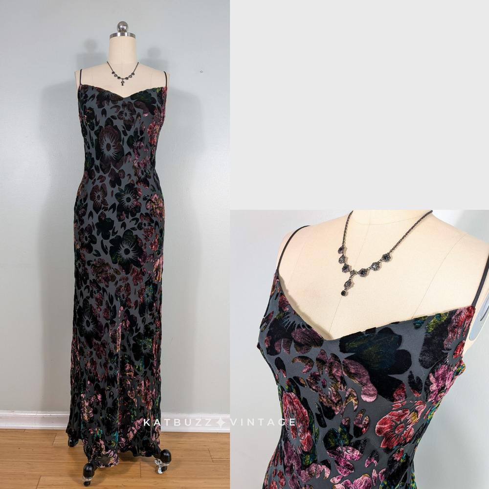Vintage Velvet Prom Dress Maxi Gown 10 Black Multi Silk Burnout Floral 90S Goth